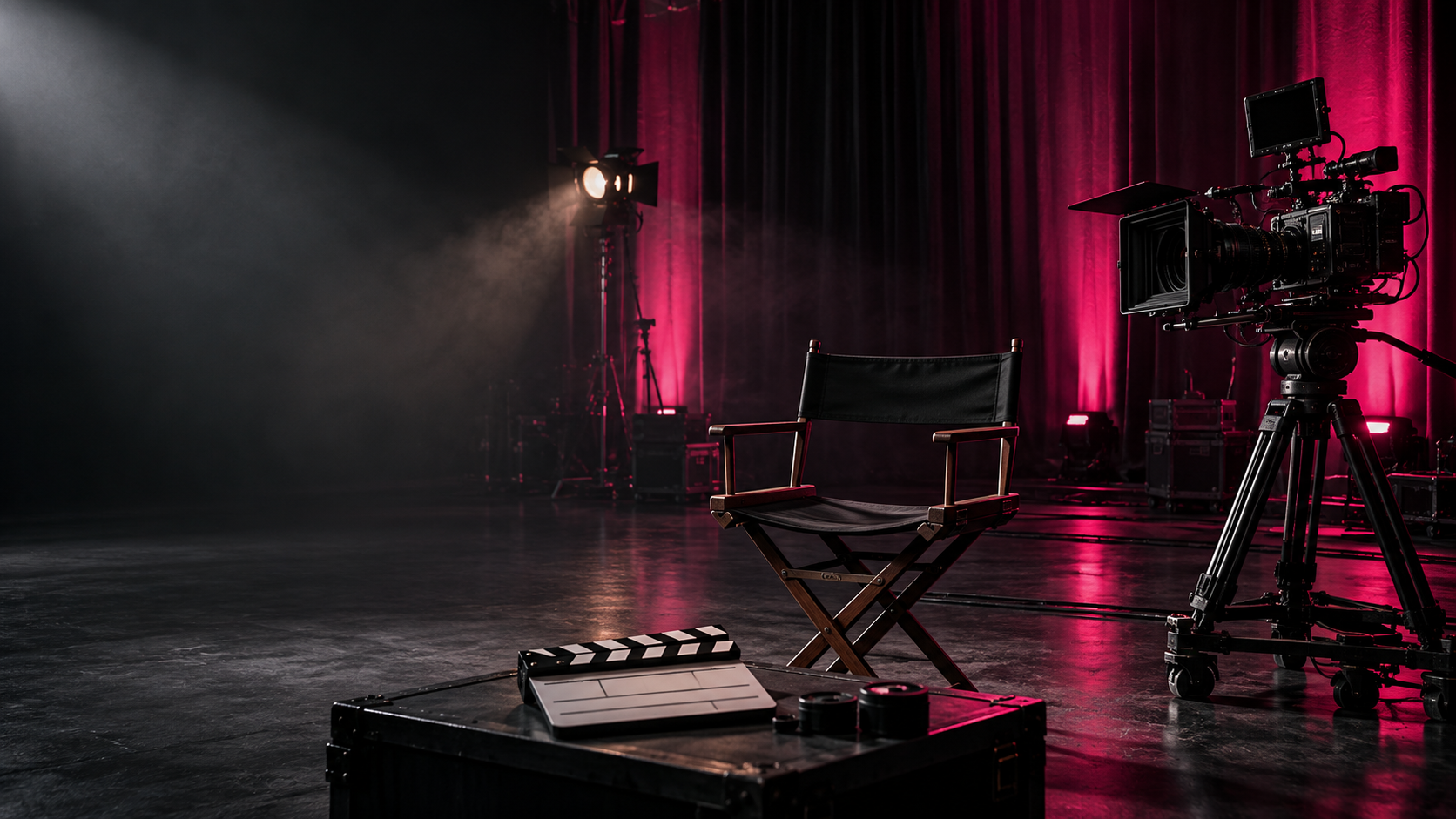 Film studio with a professional camera, director’s chair, and clapperboard, lit in black and magenta tones.
